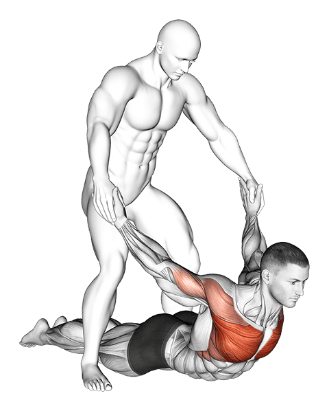 Assisted Pulling Arms in Prone Position Chest Stretch exercise demonstration for Chest, Body weight